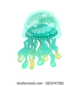 Gradient bright medusa isolated on white background. Marine transparent jellyfish with blurry shape. Flat vector cartoon textured illustration of swimming blue jelly fish