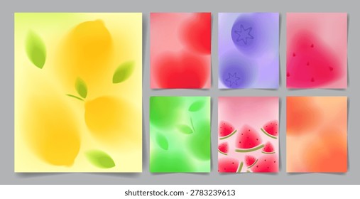 Gradient Bright Summer Posters. Abstract Vector Blur Flyers with Colourful Gradients and Blurred Summer Fruit Berries. Collection of Grainy Backgrounds for Summer Events ads branding cover sale.
