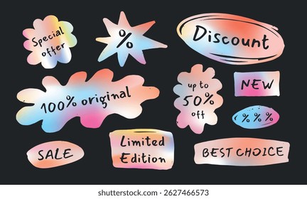 Gradient Brush Stroke Vector Stickers Set. Sale and Discount Tags with Handwritten Text on Irregular Shapes. Colorful Marketing Labels for Special Offer and Price Promotion.