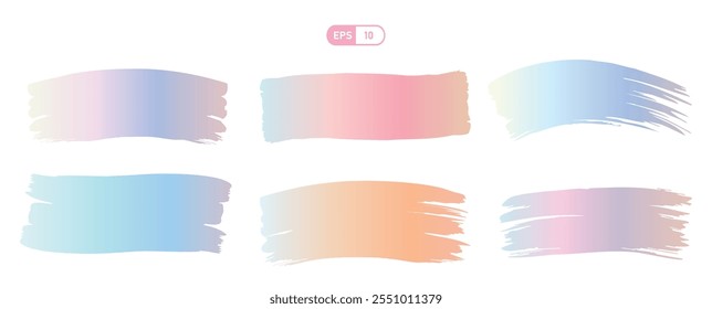 Traçados de pincel de gradiente em cores pastel, apresentando transições suaves entre tons de rosa, azul e pêssego, criam efeito calmante e artístico. Perfeito para projetos de design criativo.