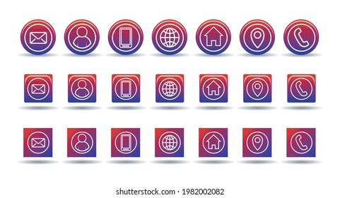 Gradient business icon set, useful for business cards. Dropshadows underneath the symbols give a 3d dimension to both the square and circular icons.