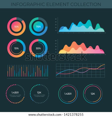 Gradient business infographic diagram set, annual report template, web design, workflow layout. Marketing concept. Option venn, process, percentage chart, bar graph, area chart, timeline - Vector