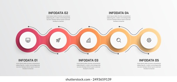 Gradient Business Timeline Infografik Präsentation mit Kreis Label Pfeil 5 Option und Symbol