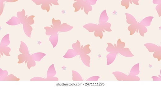 Gradient butterfly scattered shape seamless pattern vector illustration. Insect and star repeated ornament. Design for textile, fabric, background, wrapping paper, package. 90s aesthetic vibe.