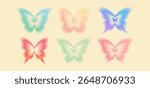 Gradient butterfly shape collection with gradation color soft blurred wings on beige background for spring design, y2k decoration or nostalgic dreamy projects. Delicate pastel colored insects set.
