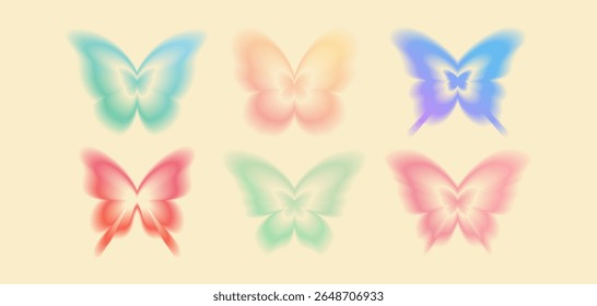 Gradient butterfly shape collection with gradation color soft blurred wings on beige background for spring design, y2k decoration or nostalgic dreamy projects. Delicate pastel colored insects set.