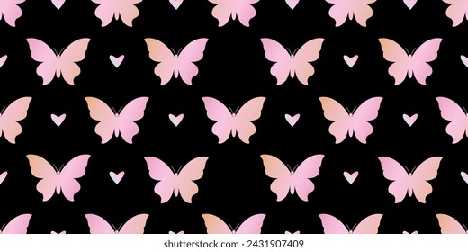 Gradient butterfly shape seamless pattern vector illustration. Insect and heart repeated ornament. Design for textile, fabric, background, wrapping paper, package. 90s aesthetic vibe.