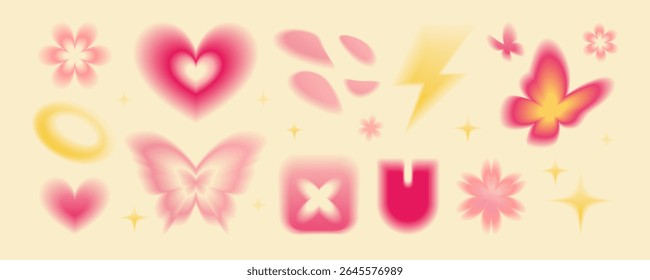 Gradient butterfly shapes with soft pink blurred edges on cream background - dreamy heart forms, scattered petals, yellow lightning bolt, wings and floating flowers in romantic ethereal atmosphere.