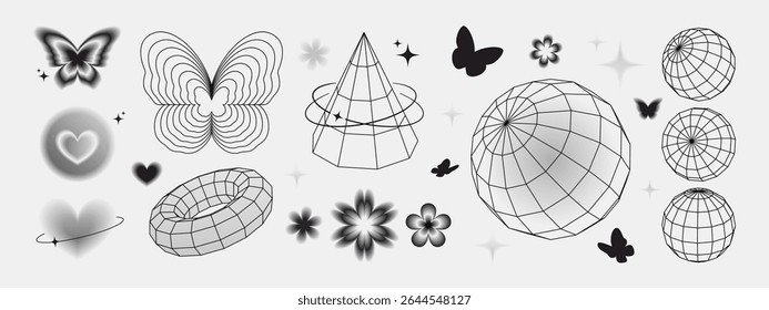 Formas de borboleta gradiente com geometria aramolar - silhuetas pretas de formas borradas, estruturas de grade lineares de cones, anéis torus e esferas, corações macios e flores, estrelas para design abstrato.