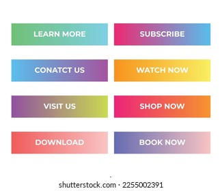 Gradient button set, learn more, contact us, visit us, download, subscribe, watch now, shop now, book now