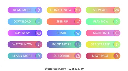 Gradient buttons flat design. Web and ui application color button icon for modern website. Buttons set with different actions. Vector icons isolated on white background