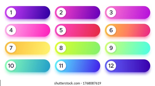 Botones de degradado con números de diferente color. Puntos redondos. Plantilla para aplicaciones, diseño de sitios web o juego. Línea brillante o banda para mensaje de información, conjunto de vector de publicidad