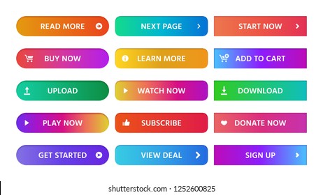 Gradient buttons. Rectangular next page button, read more and add to cart icon colorful gradients web icons. Actions ui sign up, download and get started isolated vector symbols set