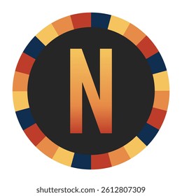 Gradient CAPITAL Letter N in Warm Orange, Red, and Yellow with Circular Frame in Blue, Red, and Yellow Tones