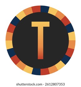 Gradient CAPITAL Letter T in Warm Orange, Red, and Yellow with Circular Frame in Blue, Red, and Yellow Tones