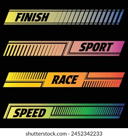 Gradient car and moto sports decals. Horizontal checkeres halftone designs for racing tournaments and competitions. Sample bold speed text words with linear patterns