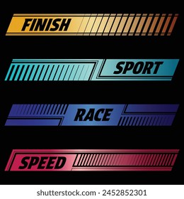 Gradient car and moto sports decals. Horizontal checkeres halftone designs for racing tournaments and competitions. Sample bold speed text words with linear patterns