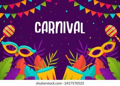 gradient carnival background illustration with mask, leaves, and traditional music instrument