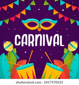 gradient carnival illustration vector design with mask, leaves, and traditional music instrument