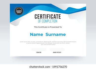 Gradient Certificate of completion Template. Blue and white color tone.