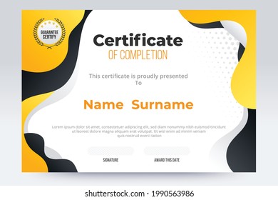 Gradient Certificate of completion template. Yellow and black color tone.
