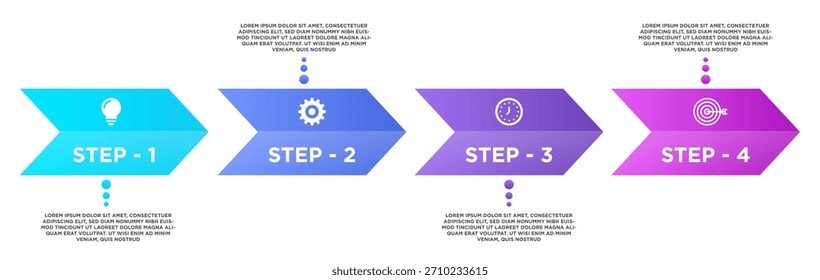 Diseño de Vector de infografía de flecha de chevron de degradado para pasos de flujo de trabajo de presentación comercial o visualización de procesos educativos, con iconos de bombilla, engranaje, reloj y destino.
