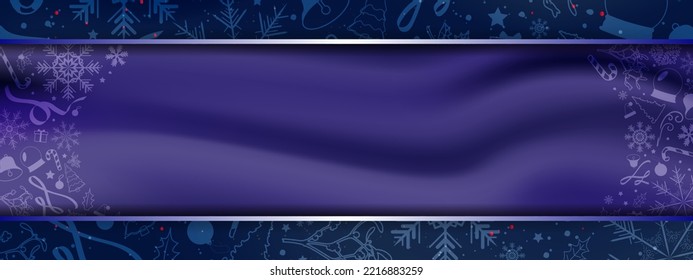 Gradient Christmas Banner. Xmas Background design of blue purple gradient motion with blue shining frame and soft white Christmas patterned designs. Christmas header. Vector Illustration. EPS 10.