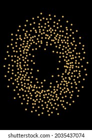 Gradient Christmas Circle Texture. Metallic Foil Particles. Golden Confetti Wedding Frame. Luxury Glitter Background. Gold Isolated Illustration.