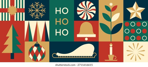 Ilustración vectorial de Navidades degradadas con escenas de vacaciones en pastel rosa que incluyen árboles, globos de nieve, bastones de caramelo, estrellas y adornos de regalo. Diseño para tarjetas de felicitación, feliz día de fiesta y feliz año nuevo  
