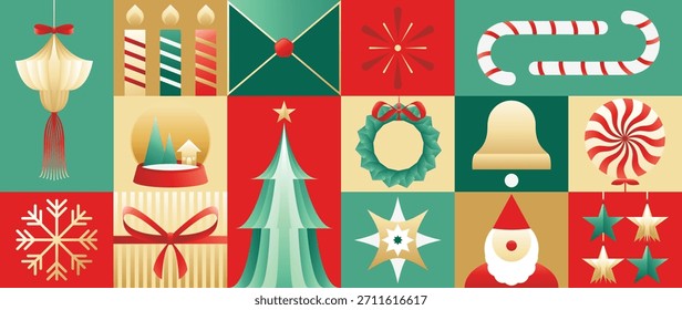 Ilustración vectorial de Navidades degradadas con escenas de vacaciones en pastel rosa que incluyen árboles, globos de nieve, bastones de caramelo, estrellas y adornos de regalo. Diseño para tarjetas de felicitación, feliz día de fiesta y feliz año nuevo  
