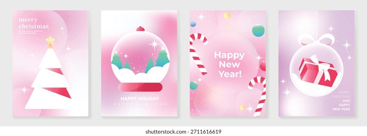 Ilustración vectorial de Navidades degradadas con escenas de vacaciones en pastel rosa que incluyen árboles, globos de nieve, bastones de caramelo, estrellas y adornos de regalo. Diseño para tarjetas de felicitación, feliz día de fiesta y feliz año nuevo  