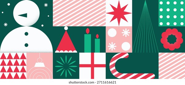 Ilustración vectorial de Navidades degradadas con escenas de vacaciones en pastel rosa que incluyen árboles, globos de nieve, bastones de caramelo, estrellas y adornos de regalo. Diseño para tarjetas de felicitación, feliz día de fiesta y feliz año nuevo  