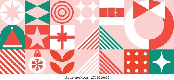 Gradient Christmas vector illustration with pink pastel holiday scenes including tree, snow globe, candy canes, stars, and gift ornaments. Design for greeting cards, happy holiday and happy new year  
