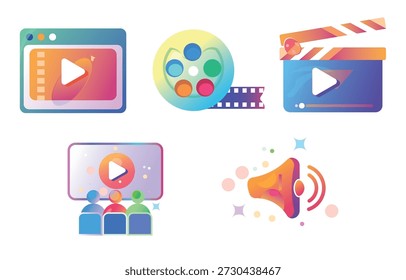 Gradient Cinema and Video Production Icon Set Modern Media Vector Illustration. eps