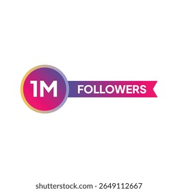 A gradient circle with 1M connects to a purple to pink ribbon reading FOLLOWERS, bright, celebratory, graphic design, flat perspective, isolated on white.

