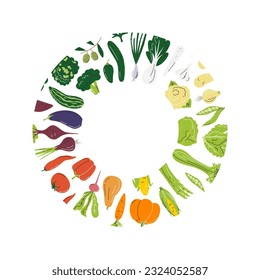 Gradient circle frame with vegetable mix. Veggies rainbow round border. Colorful agricultural concept background. Farm local organic products. Hand drawn flat vector illustration with copy space