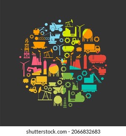 Gradient circle with industrial thin line icons.