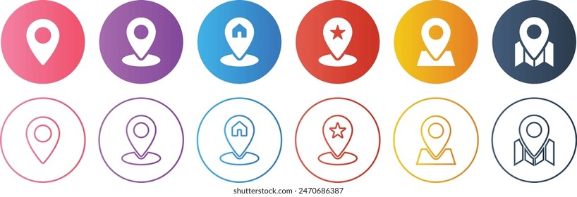 Gradient circle location icon set. Containing map, map and pin. Solid and outline icons vector collection.