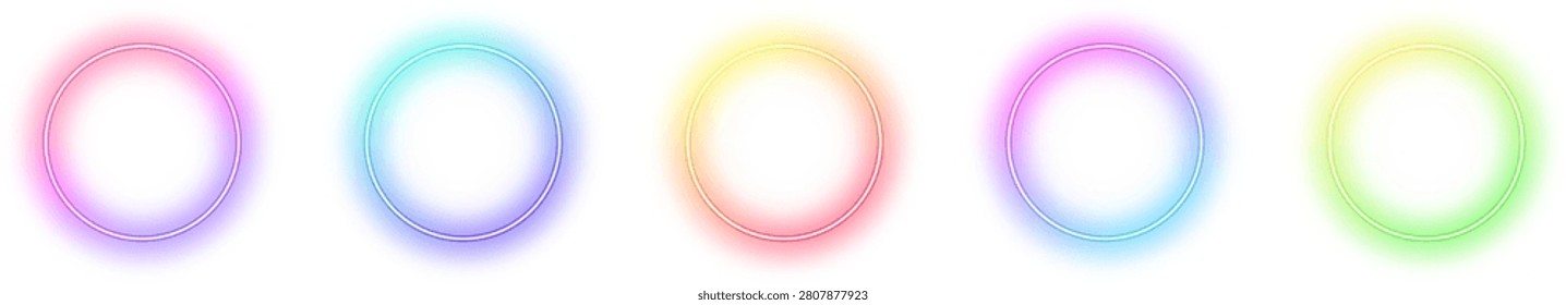 Gradient circle neon transparent frame set. Led glowing round border with vibrant color