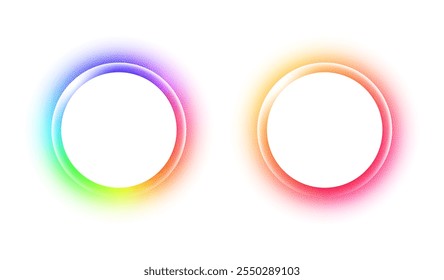 Gradient circles background, color gradation with halftone effect. Vibrant design colorful swirls. Gradient blur circle pattern with grain dots design. Rainbow rgb color spectrum. Vector illustration