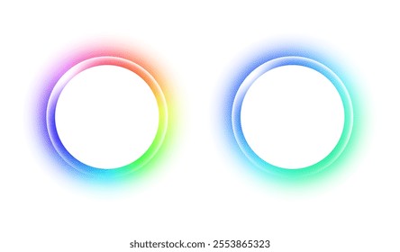 Gradient circles background, color gradation with halftone effect. Vibrant design colorful swirls. Gradient blur circle pattern with grain dots design. Rainbow rgb color spectrum. Vector illustration