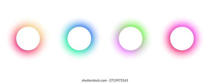 Fondo de círculos degradados, gradación de color con efecto de semitono. Diseño vibrante y remolinos coloridos. Patrón de círculo de desenfoque degradado con diseño de puntos de grano. Espectro de color arco iris rgb. Ilustración vectorial

