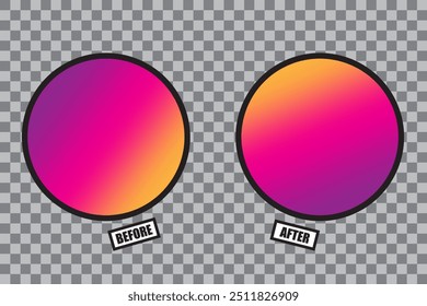 Gradient circles comparison. Color transition effect. Before and after text. Vector illustration.