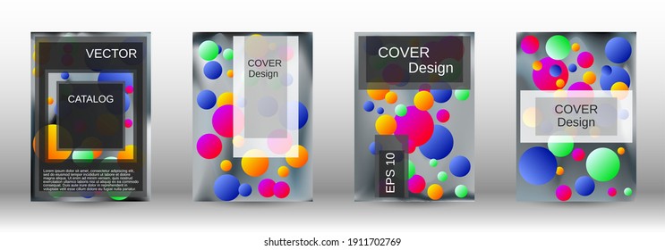 Los círculos degradados sobre un fondo holográfico. Un conjunto de cubiertas abstractas modernas. Futura plantilla futurista con bolas abstractas para el diseño de banner, afiche, librito, reportaje, revista.
