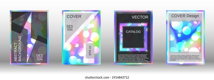 Los círculos degradados sobre un fondo holográfico. Un conjunto de cubiertas abstractas modernas. Futura plantilla futurista con bolas abstractas para el diseño de banner, afiche, librito, reportaje, revista.