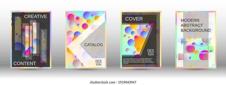 Los círculos degradados sobre un fondo holográfico. Un conjunto de cubiertas abstractas modernas. Futura plantilla futurista con bolas abstractas para el diseño de banner, afiche, librito, reportaje, revista.