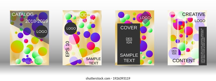 Los círculos degradados sobre un fondo holográfico. Un conjunto de cubiertas abstractas modernas. Futura plantilla futurista con bolas abstractas para el diseño de banner, afiche, librito, reportaje, revista.