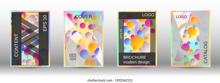 Gradient circles on a holographic background. A set of modern abstract covers. Future futuristic template with abstract balls for design of banner, poster, booklet, report, magazine.