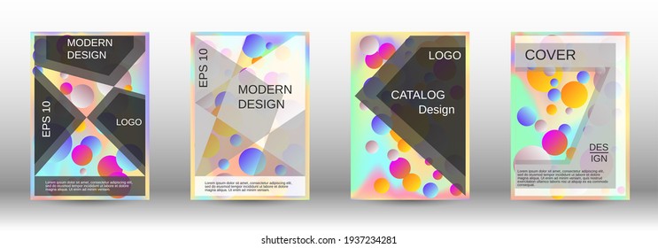 Gradient circles on a holographic background. A set of modern abstract covers. Future futuristic template with abstract balls for design of banner, poster, booklet, report, magazine.