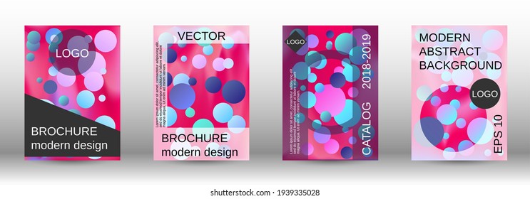 Los círculos degradados sobre un fondo holográfico. Un conjunto de cubiertas abstractas modernas. Futura plantilla futurista con bolas abstractas para el diseño de banner, afiche, librito, reportaje, revista.